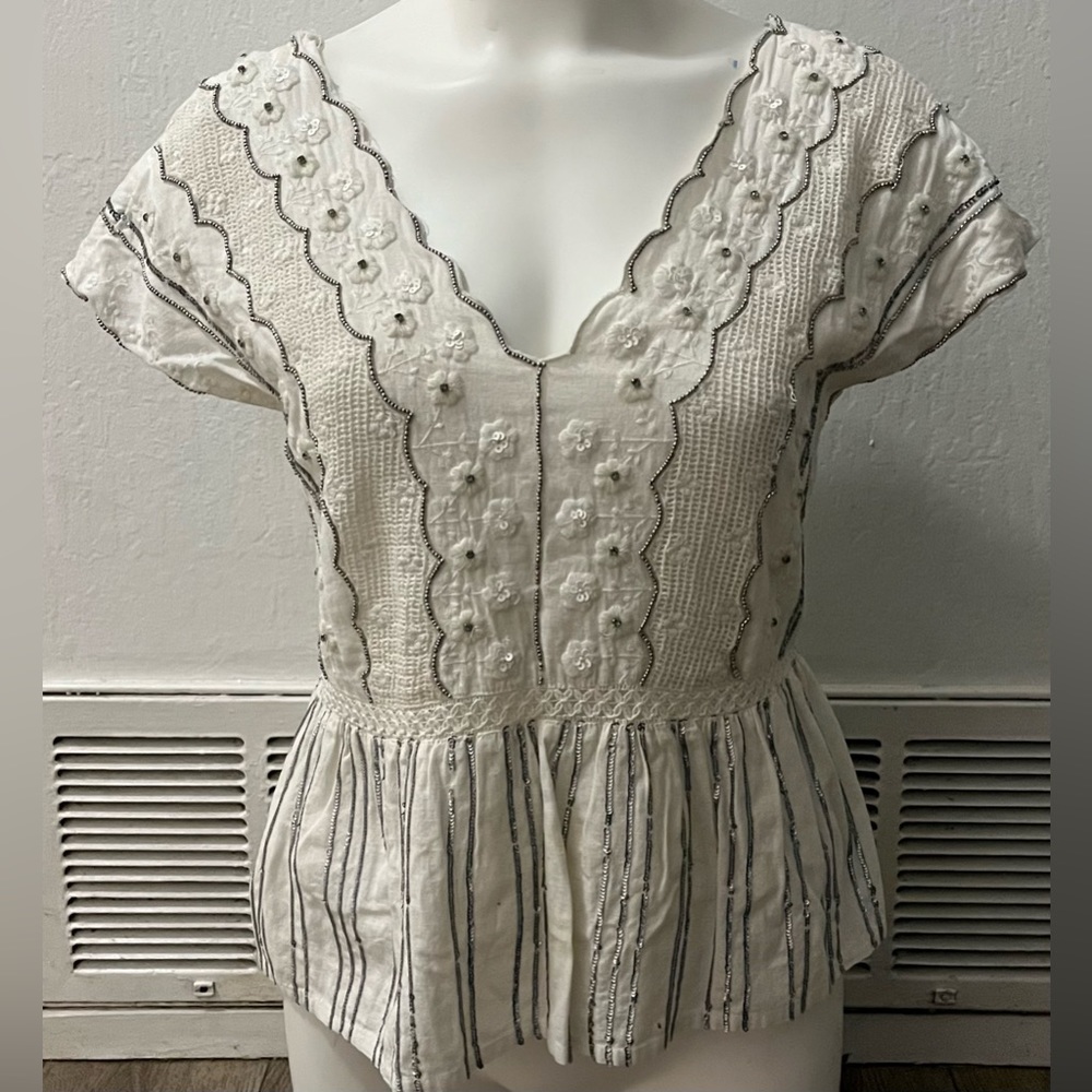 Anthropologie White V-Neck Sequin Embroidered Crochet Blouse Women’s XS